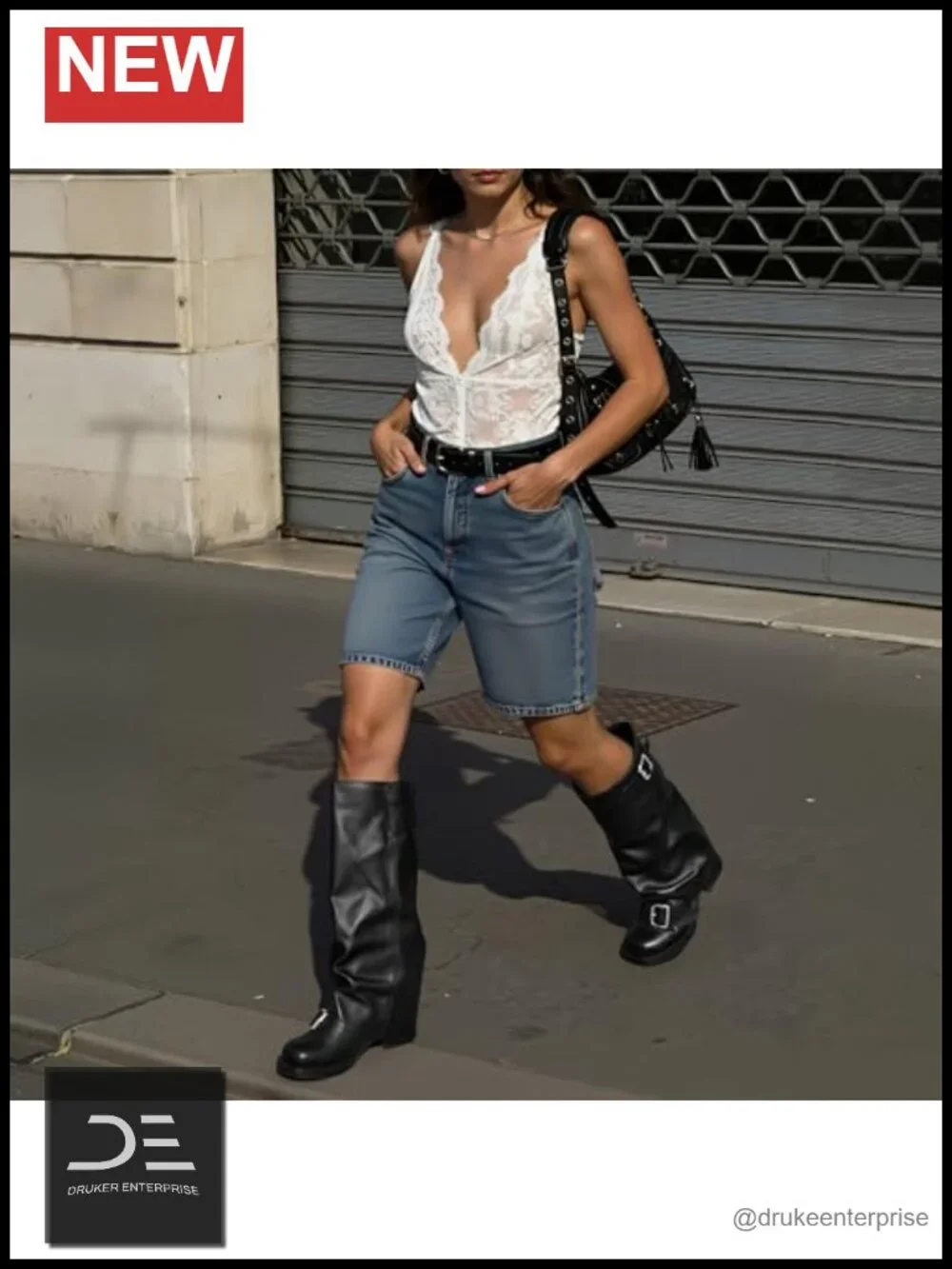Fold Over Knee High Boots Women Slouchy Chunky Heel Pull On Buckle